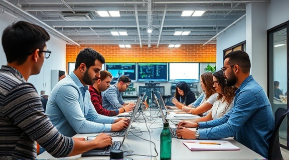 collaborative JimBroad digital, inclusive expression, teamwork in progress, photorealistic, open-plan tech office, highly detailed, collaborative workflow tools displayed, straight lines, bright and energetic colors, ambient ceiling lights, shot with a kit lens.